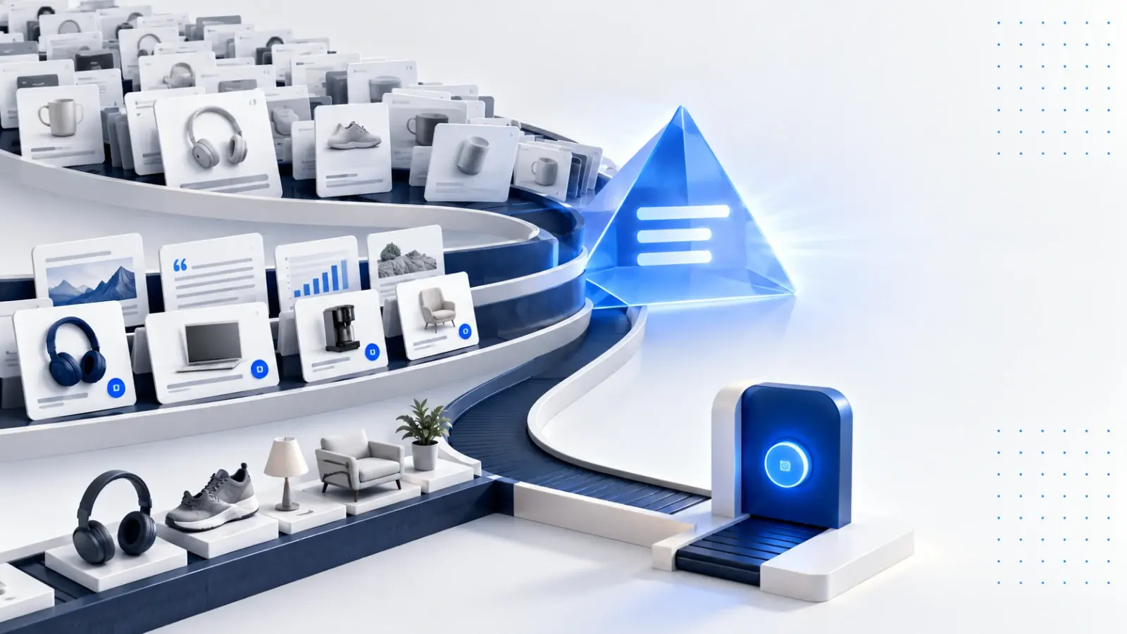 A curved buyer journey carrying product cards toward an AI prism and a blue conversion gate.