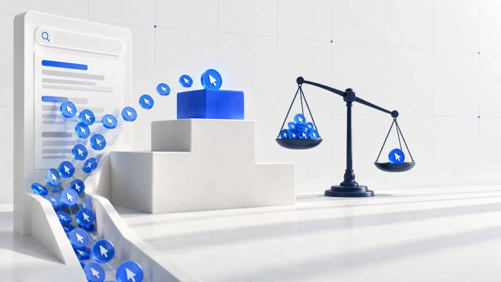 A cobalt first-place podium shedding click tokens beside a balance scale.