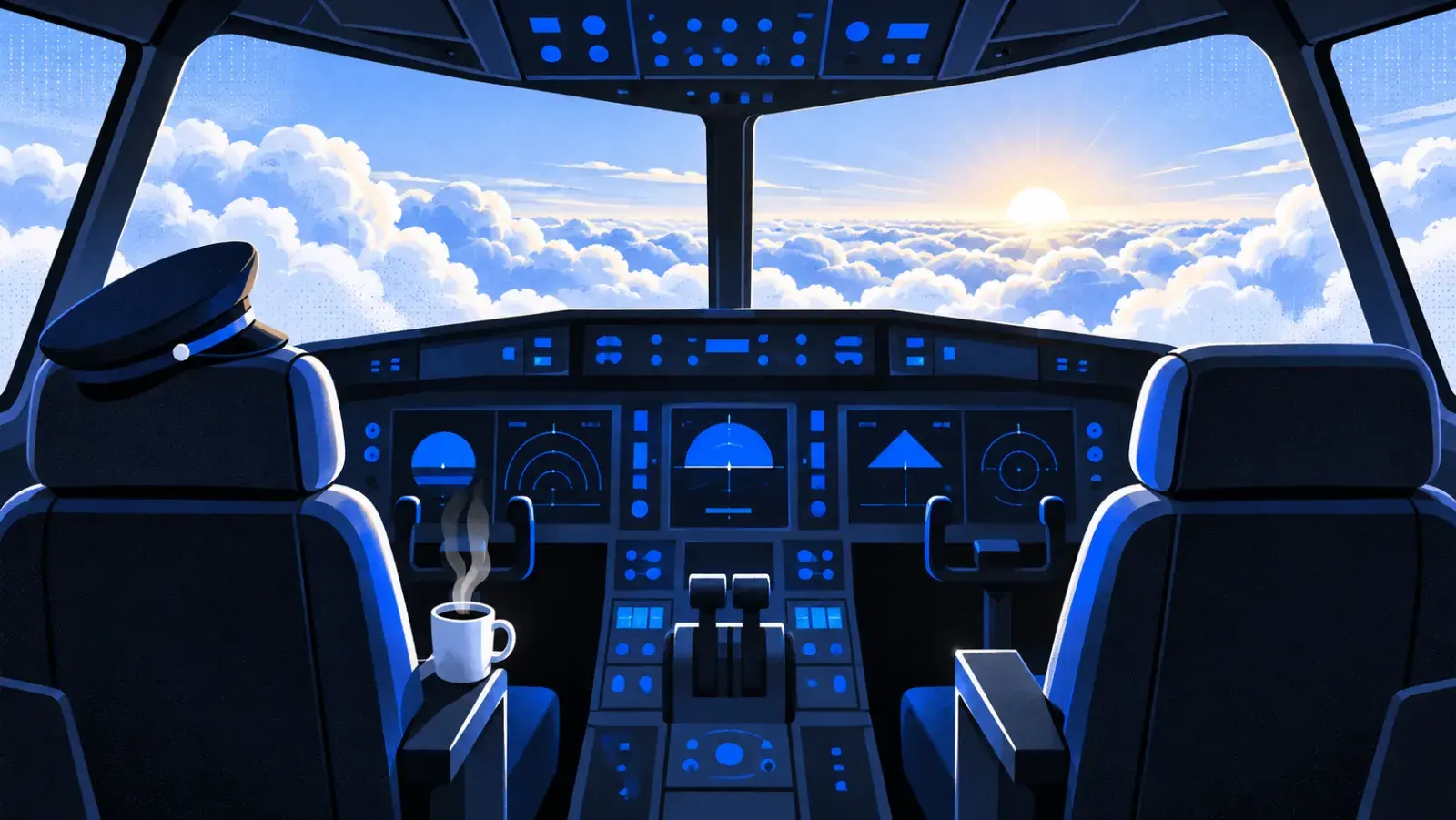 An aircraft cockpit on autopilot above the clouds, with the pilot's cap on the seat.