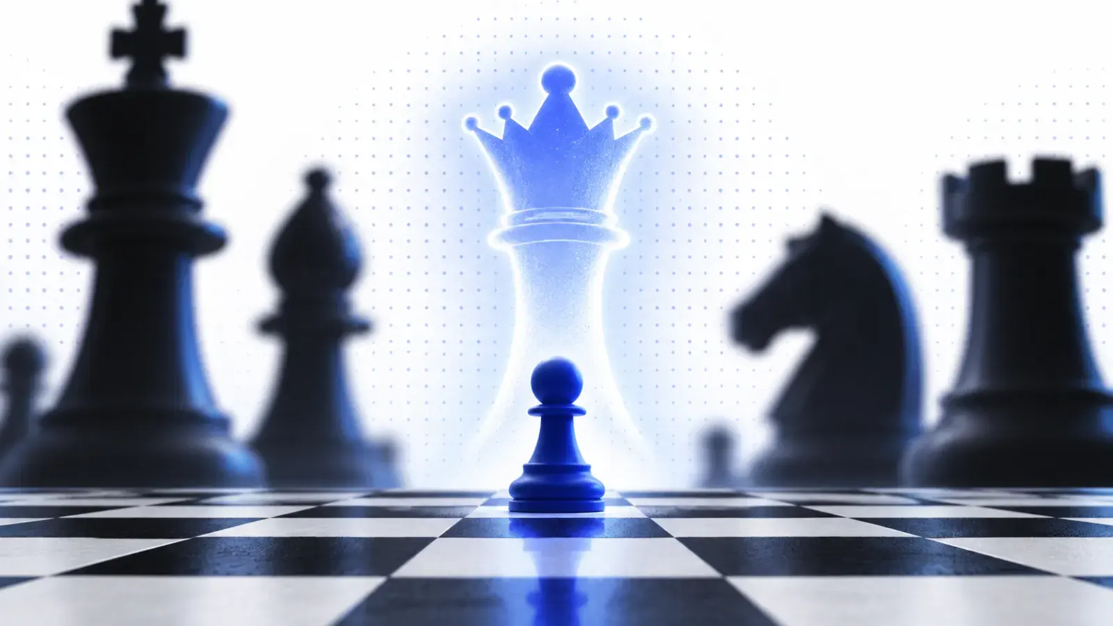 A pawn on a chessboard casting the shadow of a queen.