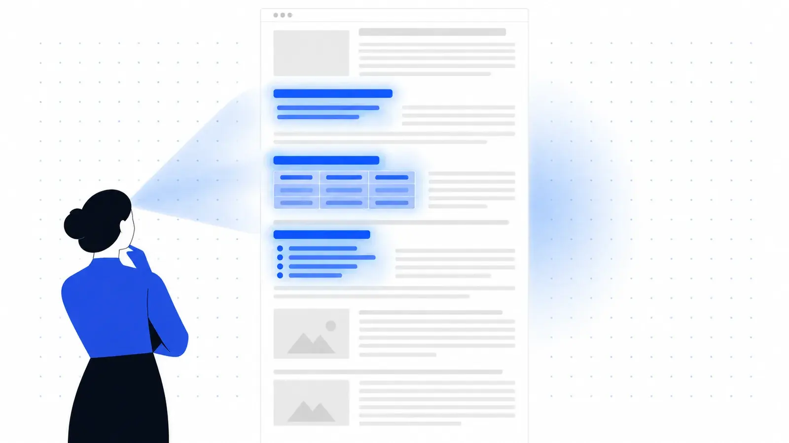 A reader studying a long article whose headings, table and list glow blue while the rest stays grey.