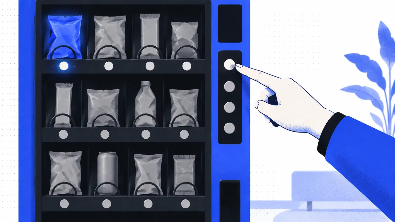 A hand reaching for the buttons of a vending machine, one glowing blue packet among rows of grey ones.