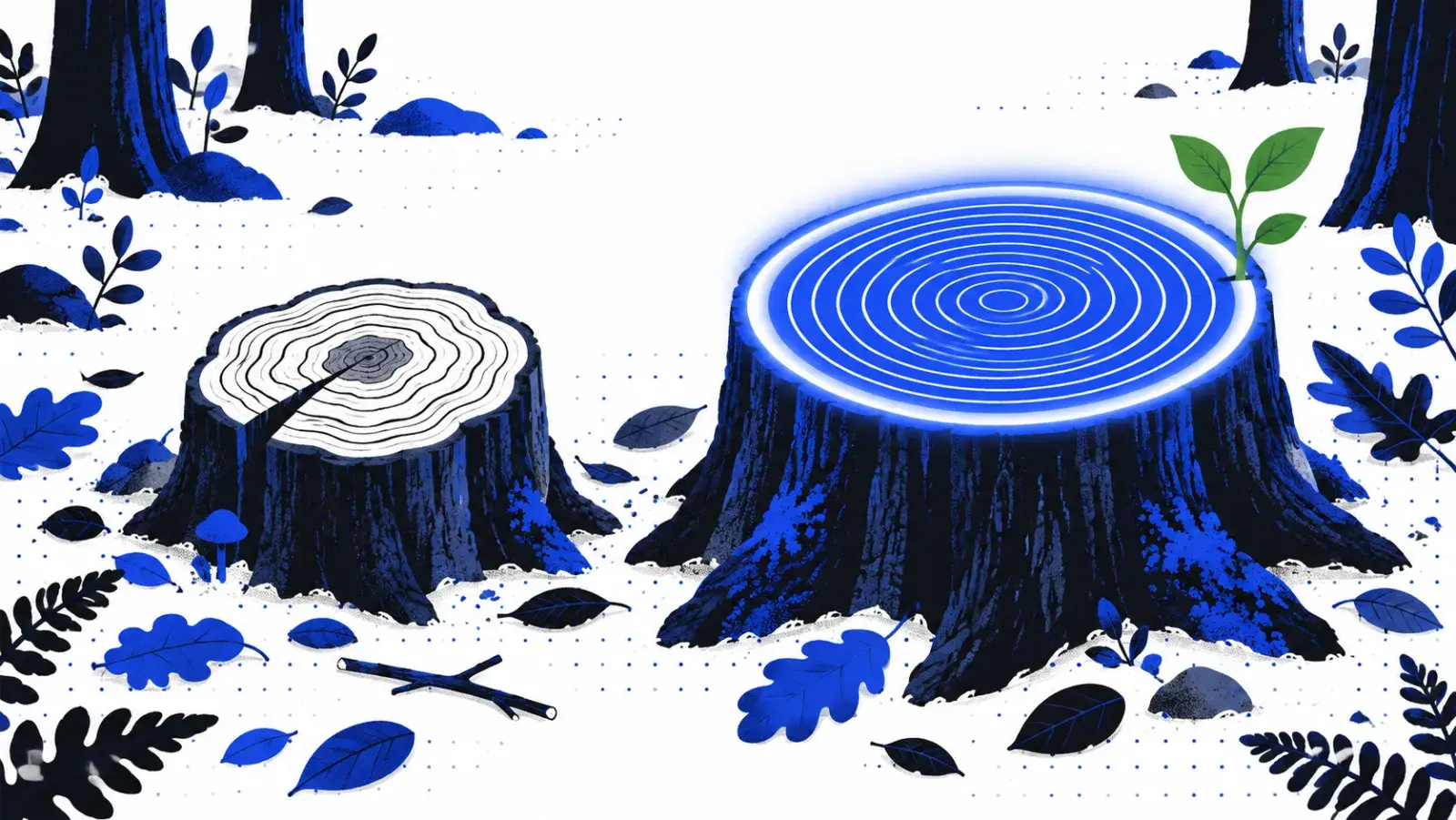 Two tree stumps, the larger one with glowing, evenly spaced growth rings and a new shoot.