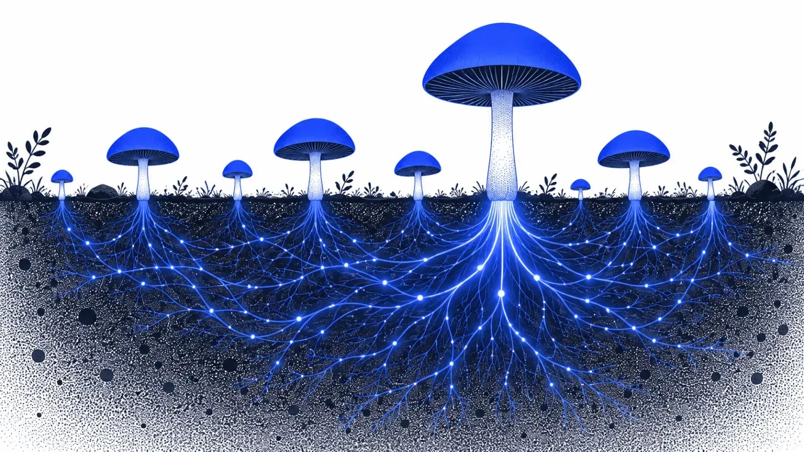Mushrooms joined by a glowing web of roots that feeds the largest one.