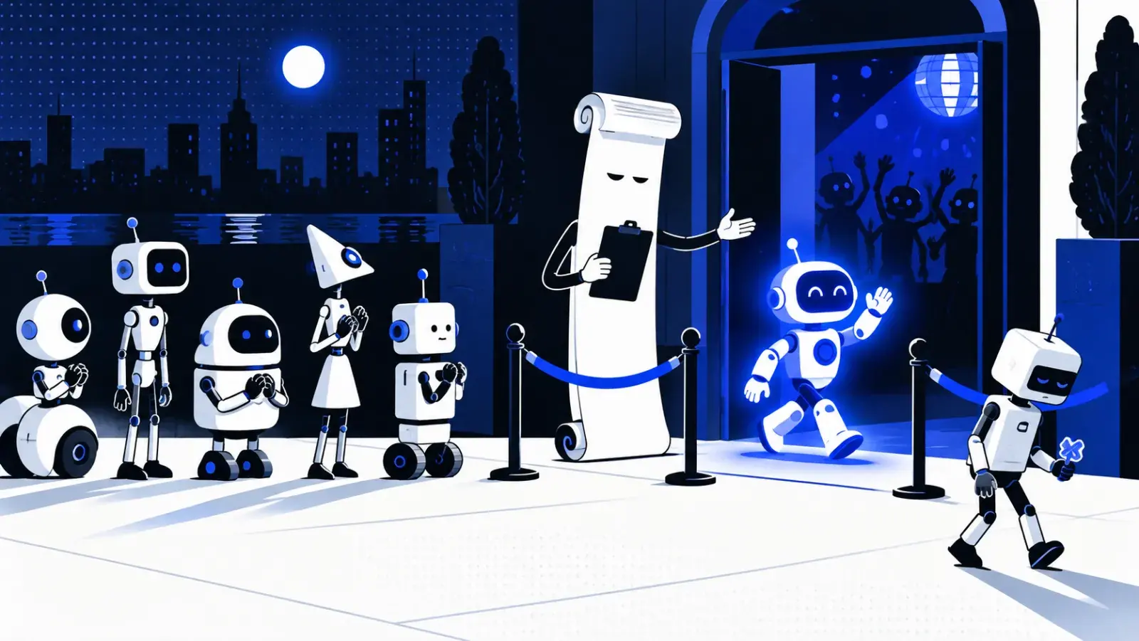 A doorman with a guest list letting robots into a club one at a time.