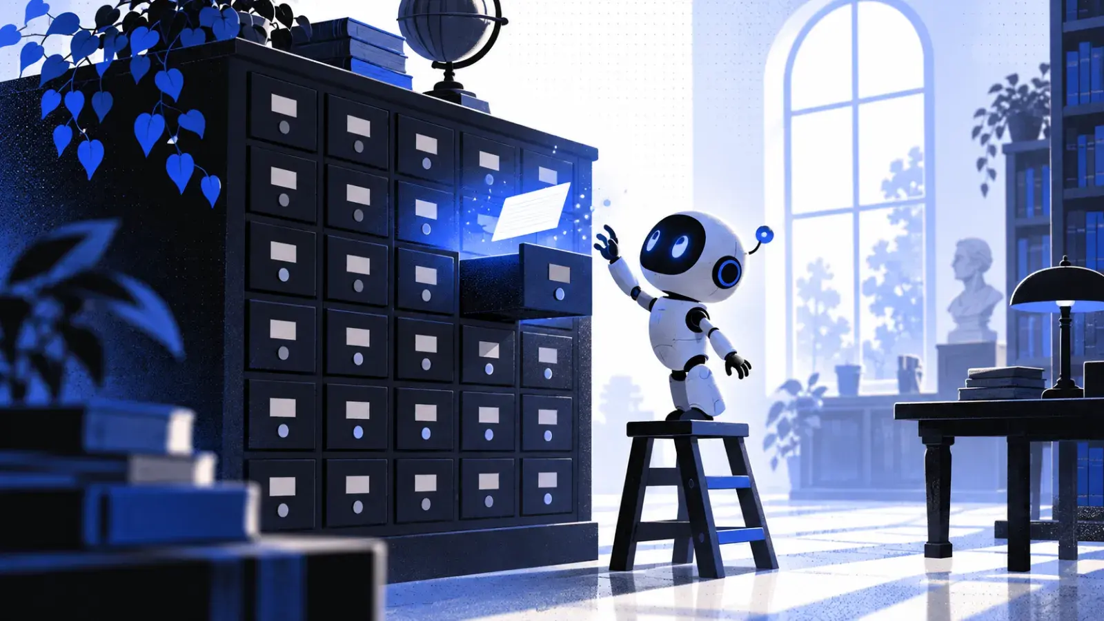 A robot on a step ladder reading an index card from a library card catalogue.