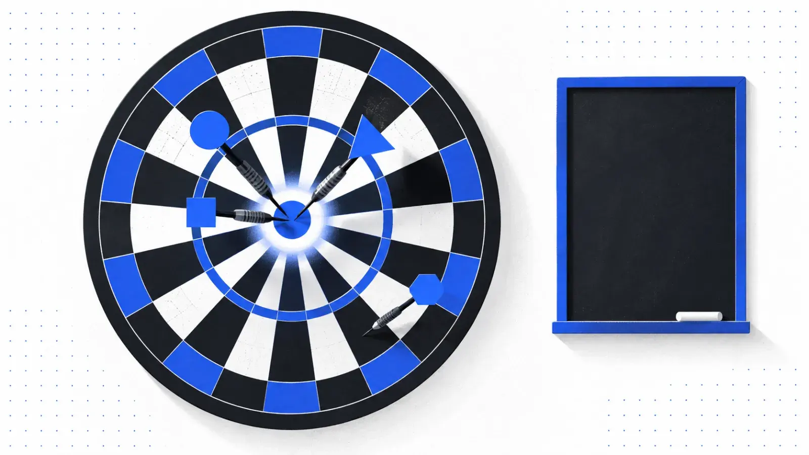 A dartboard with darts clustered around the bullseye, next to a blank scoreboard.