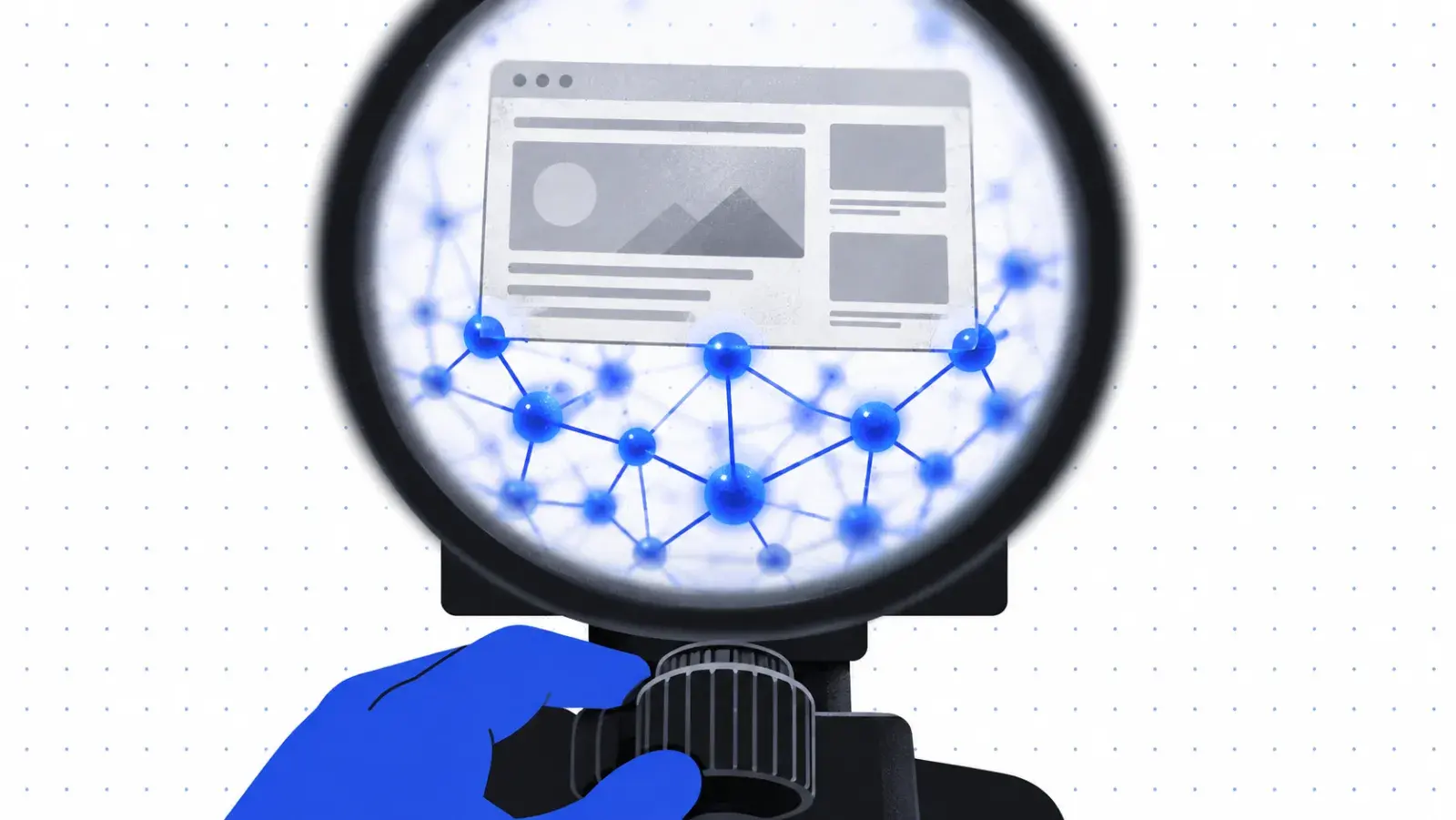 A magnifying lens revealing the structured network behind a web page.
