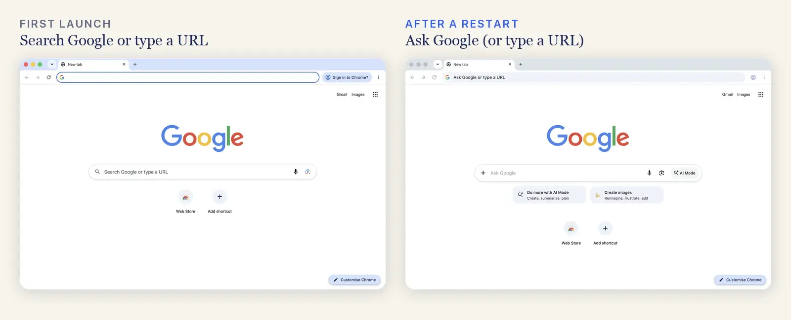 Two screenshots of the same Chrome 154 new tab page. On first launch the box reads "Search Google or type a URL". After a restart it reads "Ask Google", with an AI Mode button, and the address bar reads "Ask Google or type a URL".
