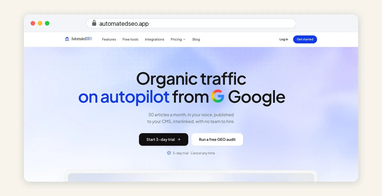 AutomatedSEO's homepage open at automatedseo.app, with the headline "Organic traffic on autopilot from Google" and buttons to start a 3-day trial or run a free GEO audit.