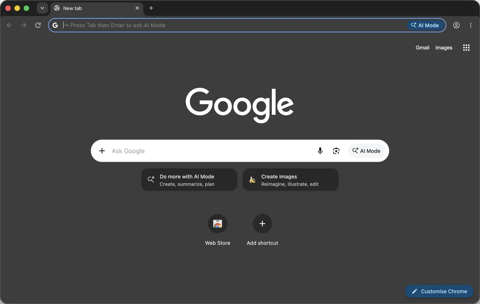 Chrome's new tab page in dark mode, with a grey background, a white Google logo and an "Ask Google" search box.