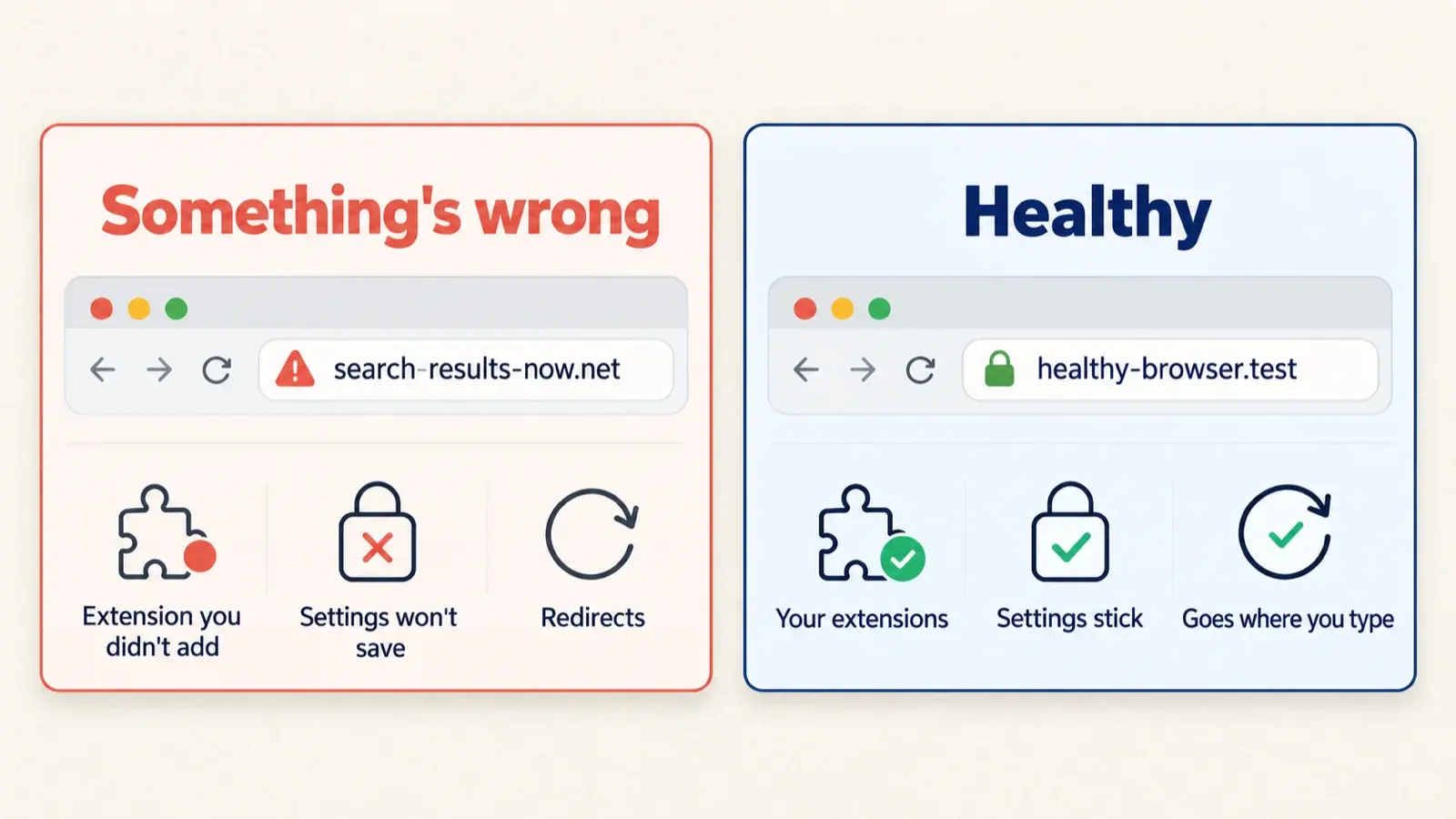 Side-by-side cards. Something's wrong: an unfamiliar address, an extension you didn't add, settings that won't save and redirects. Healthy: your own extensions, settings that stick and pages that go where you type.
