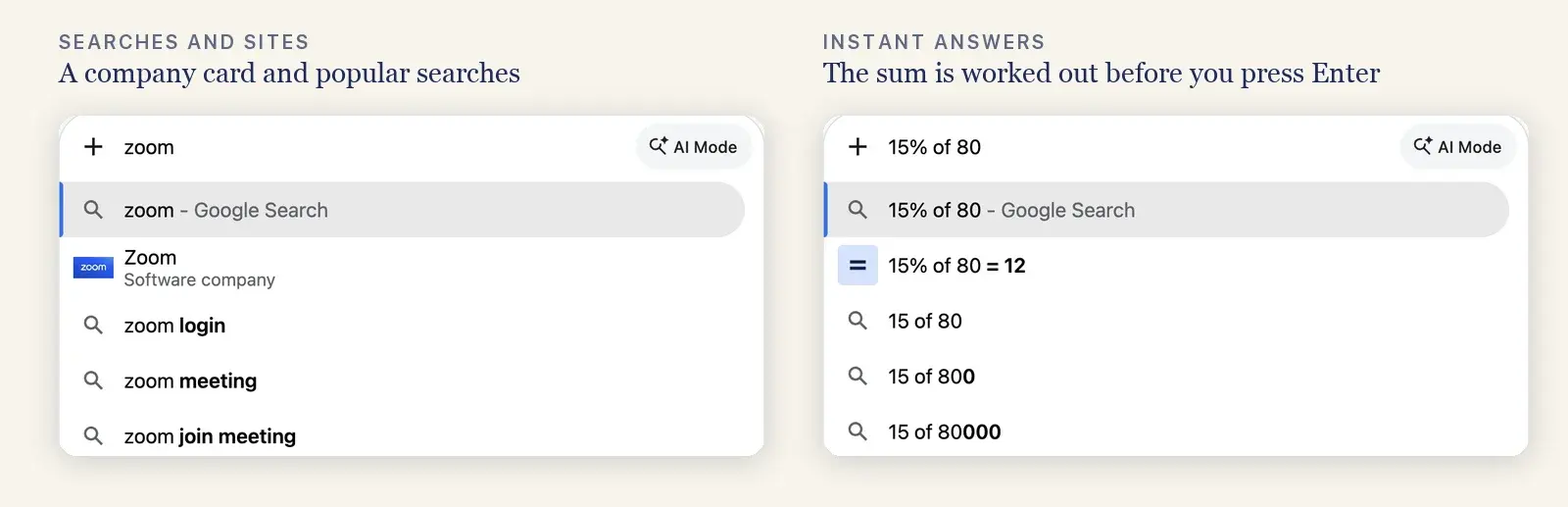 Two screenshots of Chrome's suggestion list. Typing zoom shows a Zoom company card and popular searches. Typing 15% of 80 shows the answer, 12, as a suggestion.