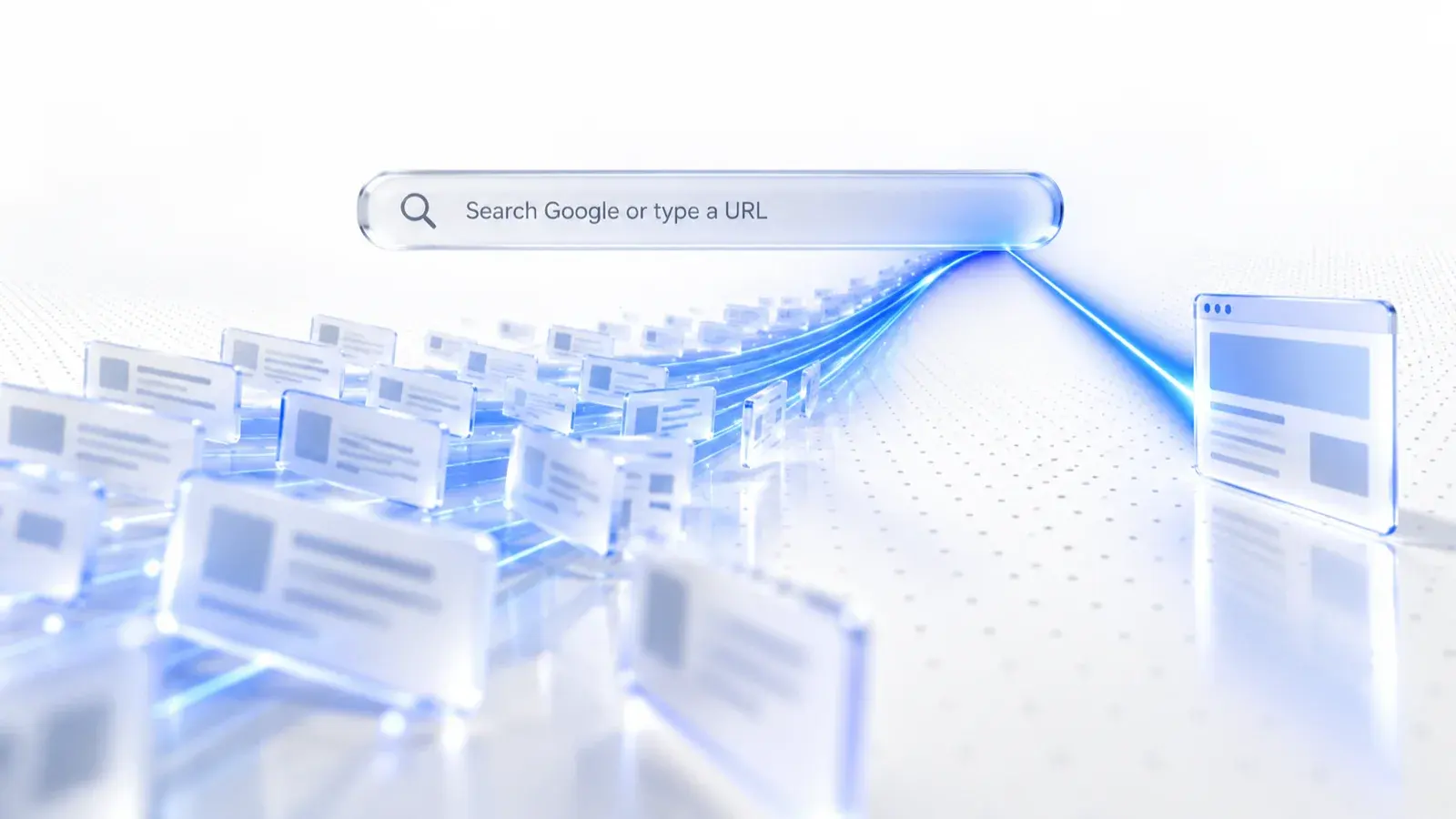 A glass browser address bar reading "Search Google or type a URL", with a blue beam splitting into scattered search results on one side and a single website on the other.
