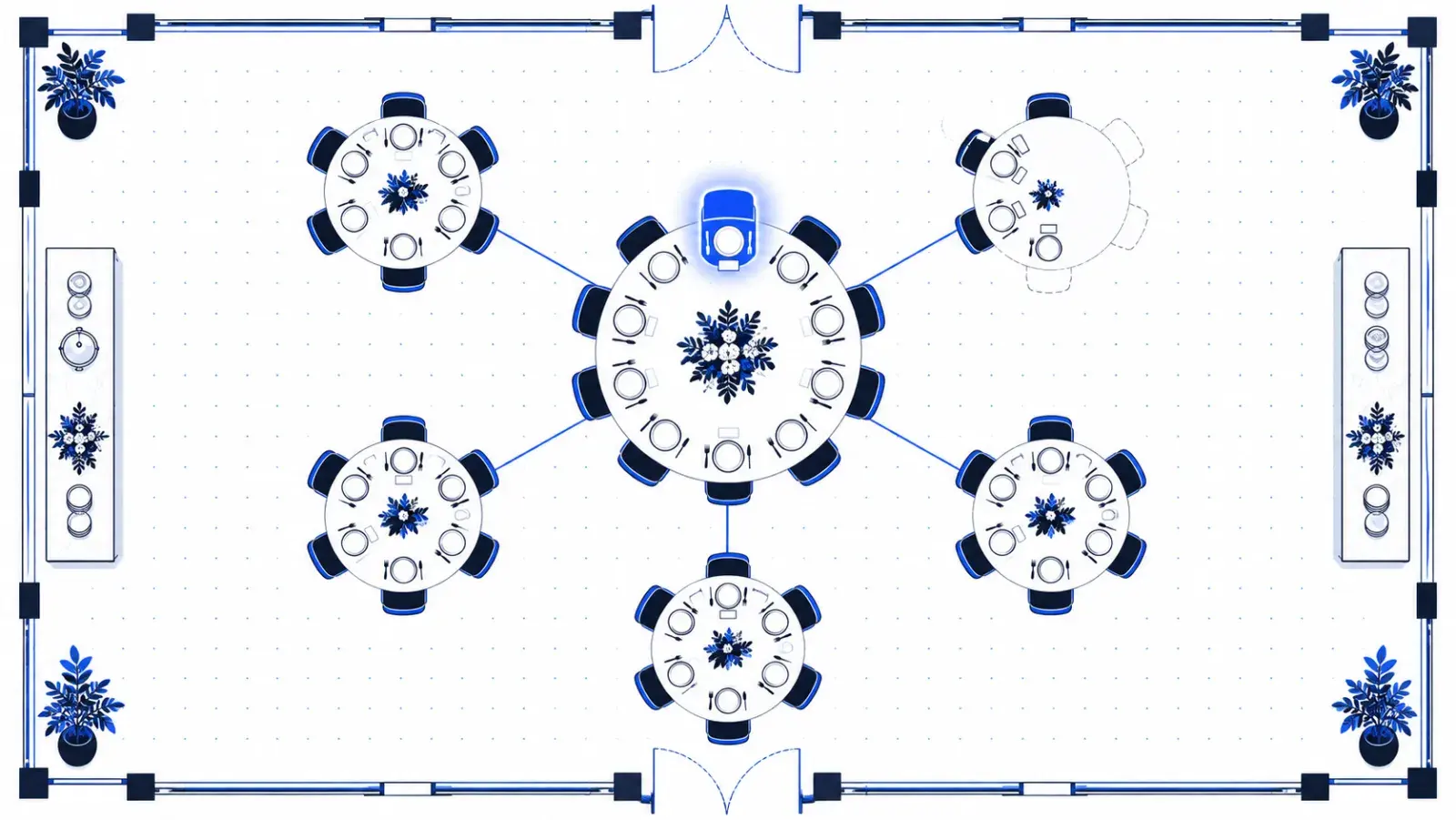 A seating plan with one central table and smaller tables linked around it.