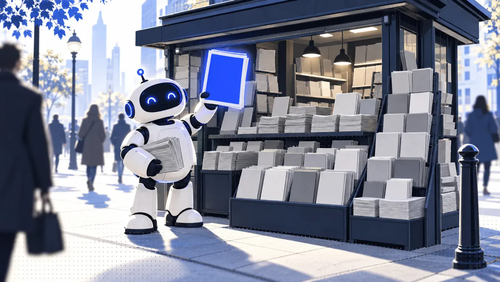A robot at a city newsstand picking out one publication to hand over.