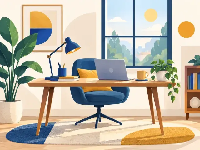 The same home office scene drawn in the illustration style