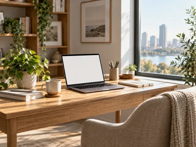 The same home office scene drawn in the realistic style