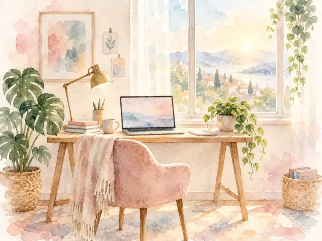 The same home office scene drawn in the watercolor style